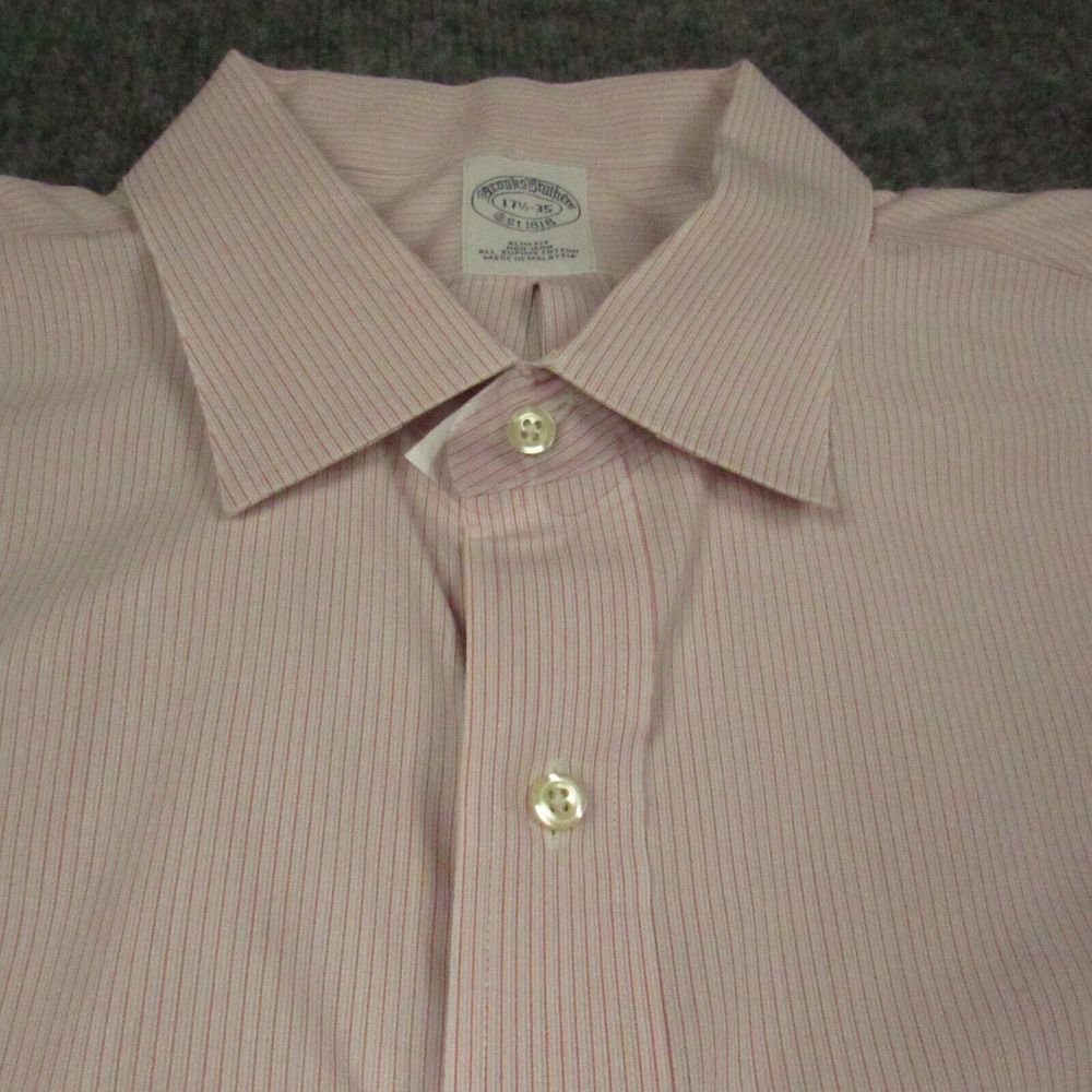 Brooks Brothers 1818‎ Shirt Mens 17.5 x 35 Slim Fit Pinstriped Pink Dress Shirt